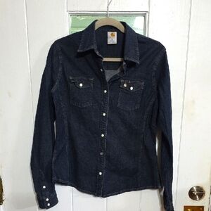 Carhartt Women's Denim Shirt Pearl Snap Buttons Stretch Fitted Pockets Sz L EUC
